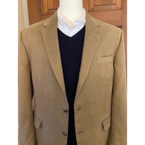 Chaps Mens 44L Tan Vegan Suede Blazer Two-Button Sport Coat Fall Academia Jacket - Picture 3 of 16
